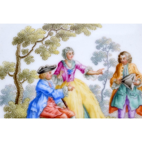 105 - A GERMAN MEISSEN PORCELAIN PLATE painted with three figures within a landscape. 24 cm wide.