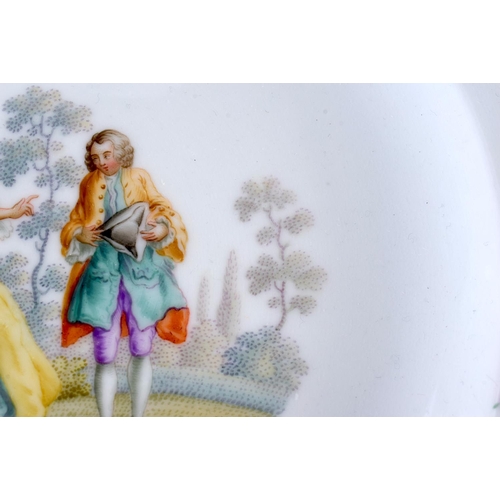 105 - A GERMAN MEISSEN PORCELAIN PLATE painted with three figures within a landscape. 24 cm wide.