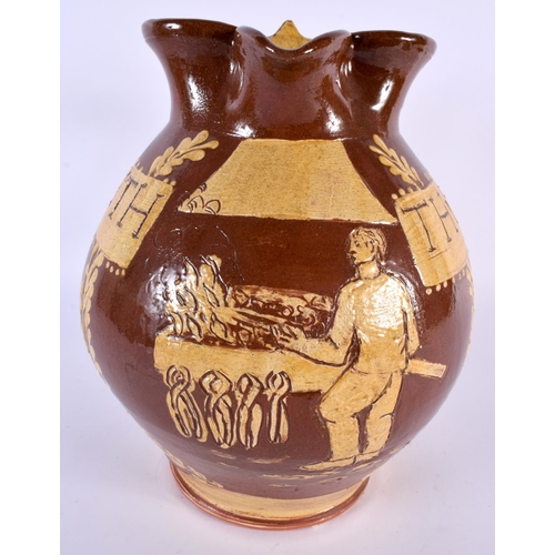 109 - AN UNUSUAL SLIP DECORATED POTTERY KEITH THOMAS 2007 STONEWARE JUG depicting a figure beside fire. 24... 