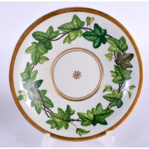 113 - A GERMAN KPM BERLIN PORCELAIN CABINET CUP AND SAUCER painted with green flowers. 14cm wide.