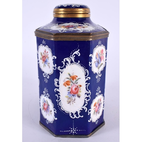 120 - A FINE 18TH CENTURY ENGLISH BATTERSEA ENAMEL TEA CADDY AND COVER painted with landscapes. 13 cm x 9 ... 