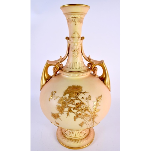 128 - A LARGE ROYAL WORCESTER TWIN HANDLED PORCELAIN VASE painted with raised gilded thistles and vines. 3... 