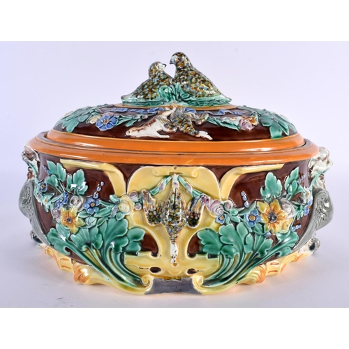 133 - A LARGE VICTORIAN WEDGWOOD MAJOLICA GAME TUREEN AND COVER moulded with dead birds and flowers. 30cm ... 