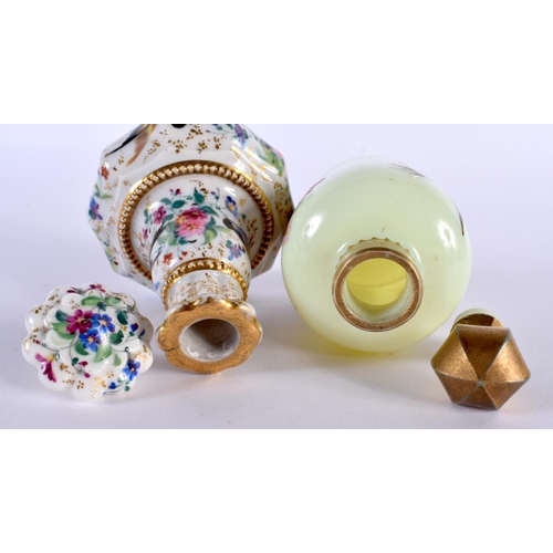 139 - A 19TH CENTURY ENGLISH PORCELAIN SCENT BOTTLE AND STOPPER together with an opaline glass bottle. Lar... 