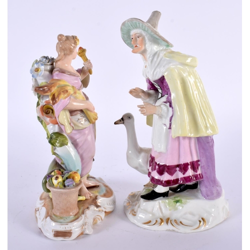 140 - TWO 19TH CENTURY GERMAN PORCELAIN FIGURES one unusually modelled as a witch. Largest 17 cm high. (2)