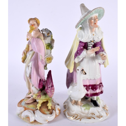 140 - TWO 19TH CENTURY GERMAN PORCELAIN FIGURES one unusually modelled as a witch. Largest 17 cm high. (2)