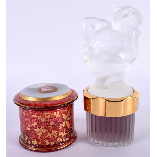 148 - A FRENCH LALIQUE GLASS SCENT BOTTLE together with a Bohemian enamelled box. Largest 18cm high.