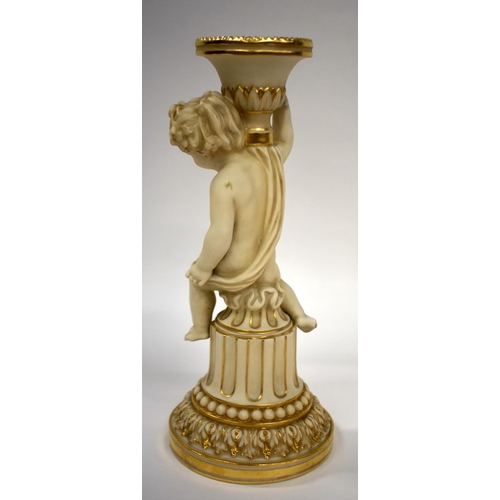 150 - 19th century Minton rare candlestick figure of a cherub seated on a column with a sonce on its shoul... 