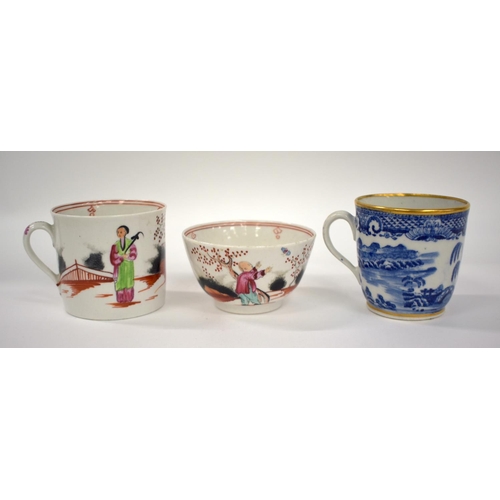 153 - 18th century New Hall teabowl and saucer and a rare matching coffee can painted with the boy and a b... 