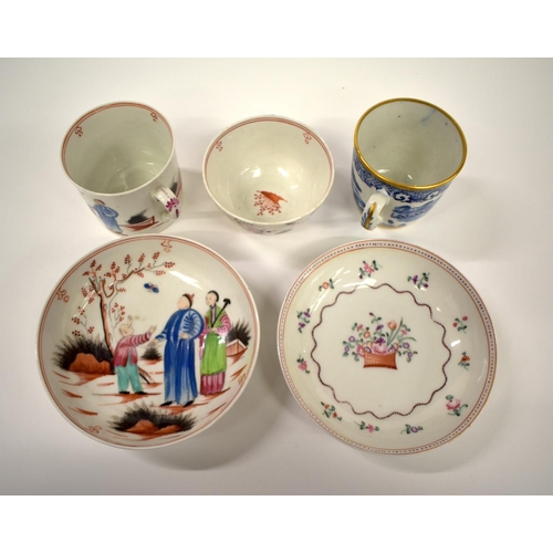 153 - 18th century New Hall teabowl and saucer and a rare matching coffee can painted with the boy and a b... 