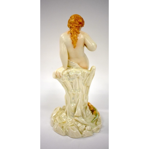 154 - 19th century Royal Worcester figure of a semiclad girl seated on a tree stump with a lizard looking ... 