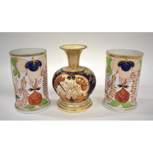 156 - Early 19th century pair of Minton spill vase in Imari pattern, each one mark in blue, one with patte... 