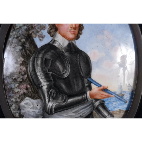 16 - A FINE 18TH/19TH CENTURY ENGLISH ENAMELLED PLAQUE OF A MALE modelled in armour, standing before boat... 