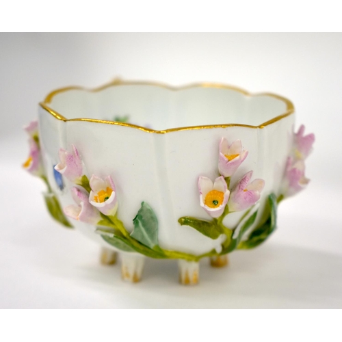 160 - Late 19th century Meissen floral encrusted cup and saucer painted with flowers and insects, crossed ... 