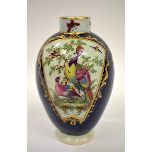 171 - 18th century Worcester tea canister painted with exotic birds in mirror shaped panels on a blue scal... 