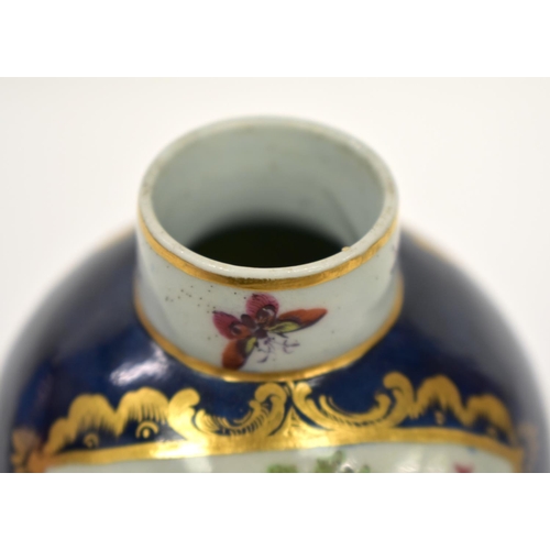 171 - 18th century Worcester tea canister painted with exotic birds in mirror shaped panels on a blue scal... 