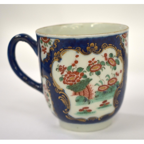 173 - 18th century Worcester coffee cup and saucer painted with oriental flowers in mirror shaped panels o... 