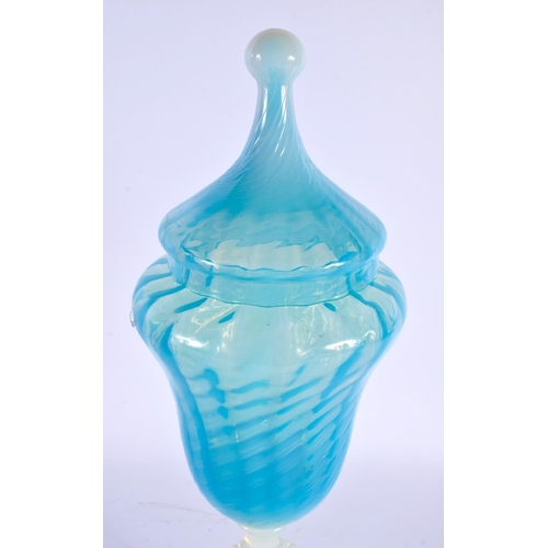 18 - A LARGE ANTIQUE OPALINE BLUE GLASS GOBLET VASE AND COVER with cameo portrait stem. 40 cm x 12 cm.