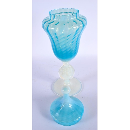 18 - A LARGE ANTIQUE OPALINE BLUE GLASS GOBLET VASE AND COVER with cameo portrait stem. 40 cm x 12 cm.