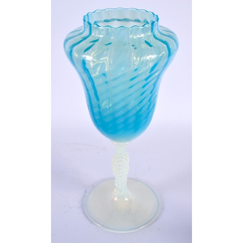 18 - A LARGE ANTIQUE OPALINE BLUE GLASS GOBLET VASE AND COVER with cameo portrait stem. 40 cm x 12 cm.