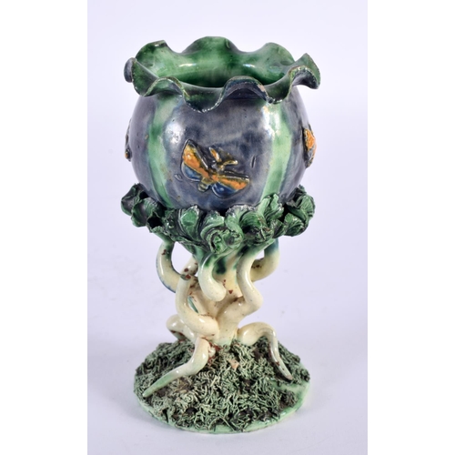 19 - A 19TH CENTURY PORTUGUESE MAJOLICA POTTERY CRIMPED VASE Attributed to Palissy, modelled as an open b... 