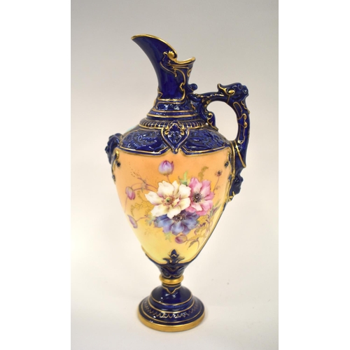 191 - Royal Worcester pedestal ewer painted with flowers on a blush ivory ground, the foot and neck with d... 