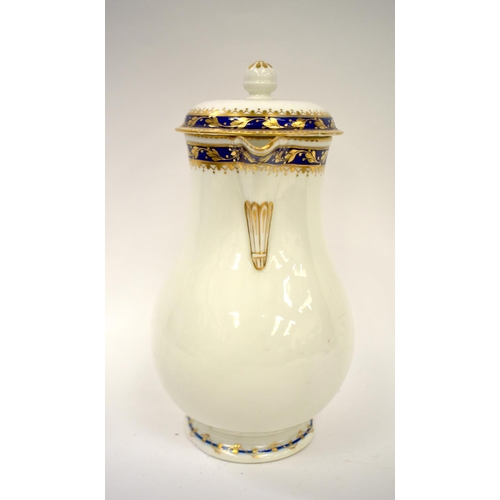 201 - 18th century Derby water jug and cover decorated with blue and gilt borders, puce mark.  24cm high