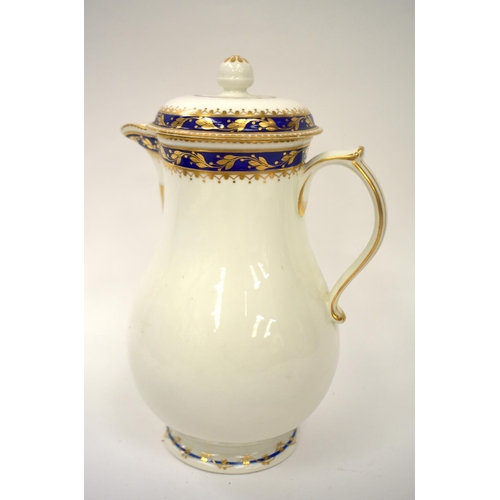 201 - 18th century Derby water jug and cover decorated with blue and gilt borders, puce mark.  24cm high