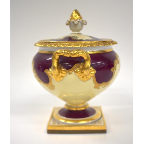 204 - Early 19th century Flight Barr and Barr tureen and cover painted with a claret coloured ground and a... 