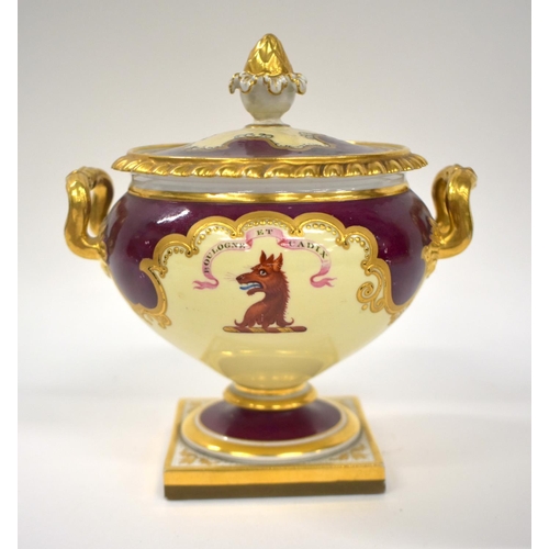 204 - Early 19th century Flight Barr and Barr tureen and cover painted with a claret coloured ground and a... 