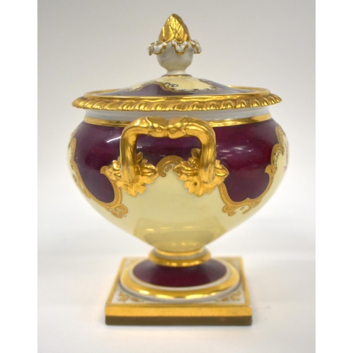 204 - Early 19th century Flight Barr and Barr tureen and cover painted with a claret coloured ground and a... 