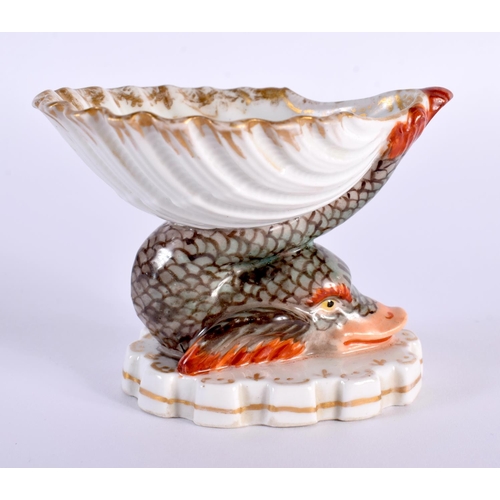 21 - AN 18TH/19TH CENTURY GERMAN PORCELAIN DOLPHIN SHELL SALT Berlin or Meissen, painted with fowl within... 