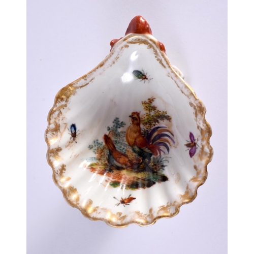 21 - AN 18TH/19TH CENTURY GERMAN PORCELAIN DOLPHIN SHELL SALT Berlin or Meissen, painted with fowl within... 