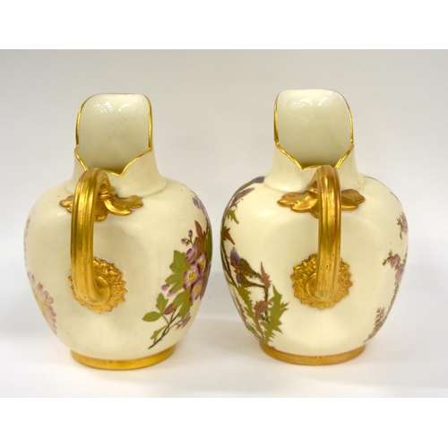 219 - Royal Worcester pair of jugs painted with flowers on an ivory ground date mark Z for 1888.  18cm h... 