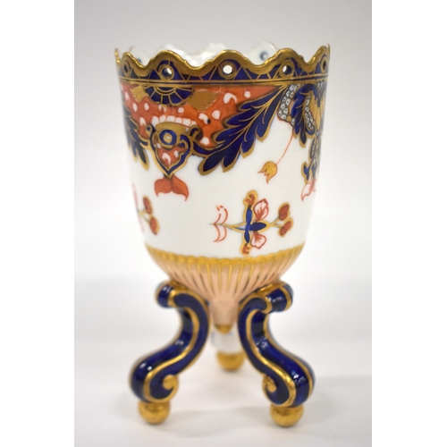 222 - 19th century Crown Derby or Davenport three footed vase painted in the imari Kings pattern.  13cm h... 