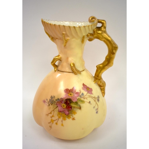 224 - Royal Worcesrteer coral-handled jug painted with flowers on a blush ivory ground, shape 1507 date ma... 