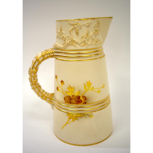 225 - Royal Worcester ivory ground claret jug moulded with flowering prunus branches painted in yellow and... 