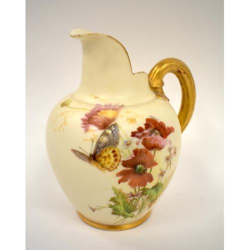 226 - Royal Worcester jug printed and painted with flowers and butterfilies in the manner of Edward Raby, ... 