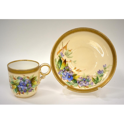 228 - Royal Worcester coffee cup and saucer painted with violets by David Bates date mark for 1881.  sauce... 