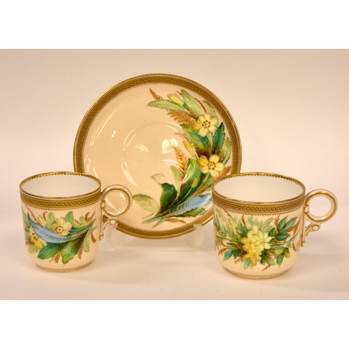 229 - Royal Worcester coffee cup, teacup and saucer painted with primula by David Bates date mark for 1881... 