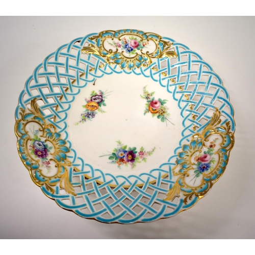 232 - 20h century Minton tazza with pierced border painted with three floral panels the centre with three ... 