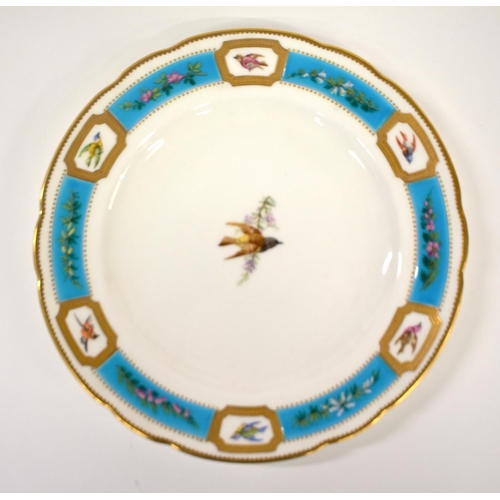 233 - Pre 1891 Minton plate painted with a central bird, the turquoise border with raised enamel flowers, ... 