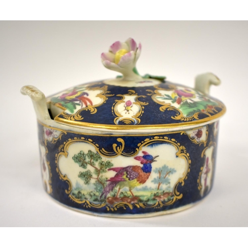 238 - 18th century Worcester blue scale butter tub and cover painted with exotic birds in mirror gilt pane... 