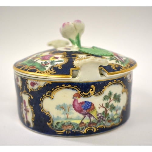 238 - 18th century Worcester blue scale butter tub and cover painted with exotic birds in mirror gilt pane... 