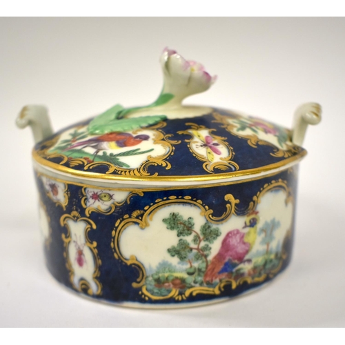 238 - 18th century Worcester blue scale butter tub and cover painted with exotic birds in mirror gilt pane... 