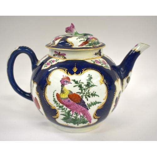 239 - 18th century Worcester blue scale teapot and cover painted with exotic birds in mirror gilt panels, ... 