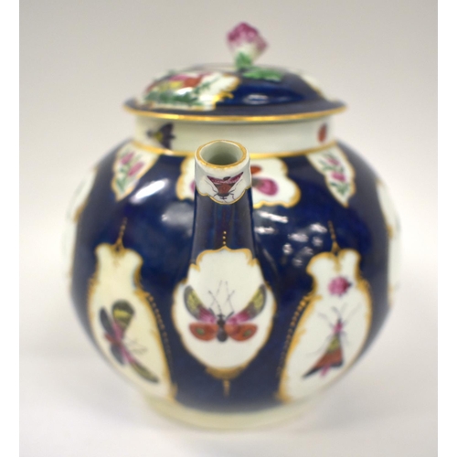 239 - 18th century Worcester blue scale teapot and cover painted with exotic birds in mirror gilt panels, ... 