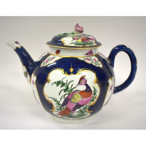 239 - 18th century Worcester blue scale teapot and cover painted with exotic birds in mirror gilt panels, ... 