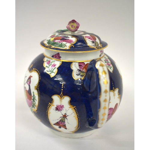 239 - 18th century Worcester blue scale teapot and cover painted with exotic birds in mirror gilt panels, ... 