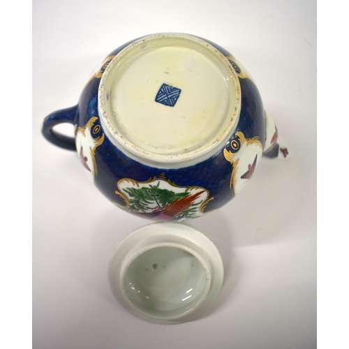 239 - 18th century Worcester blue scale teapot and cover painted with exotic birds in mirror gilt panels, ... 